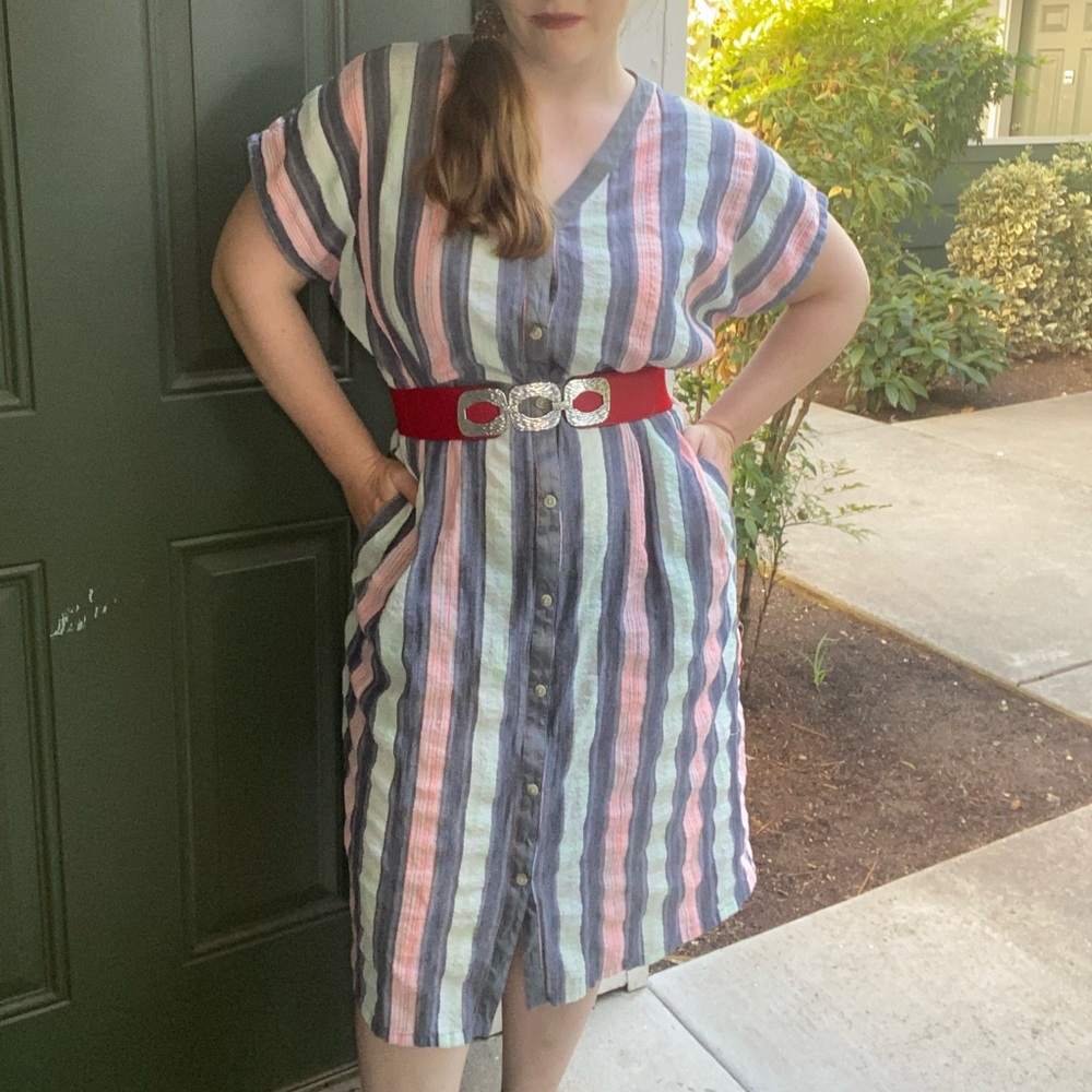 Pre-Loved Elegant Striped Button-Down Midi Dress
